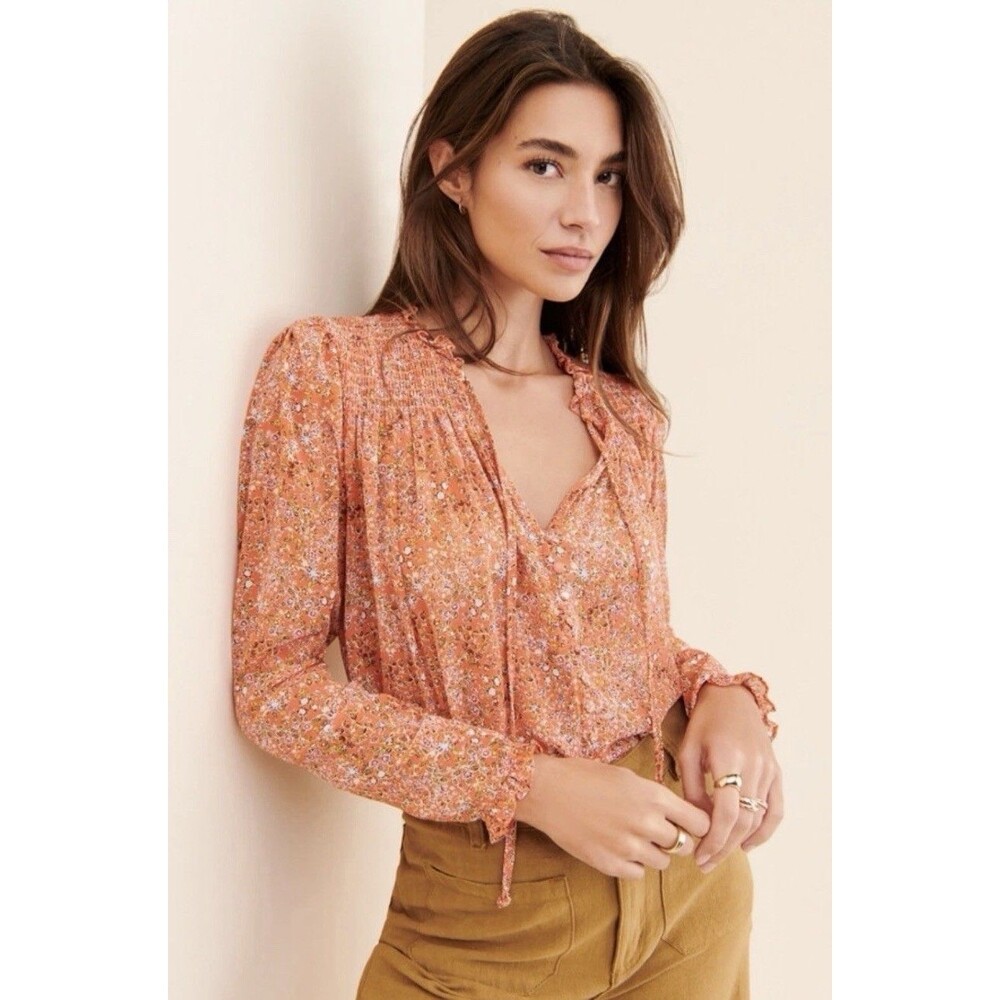 Free People Lela Blouse in Coral Combo